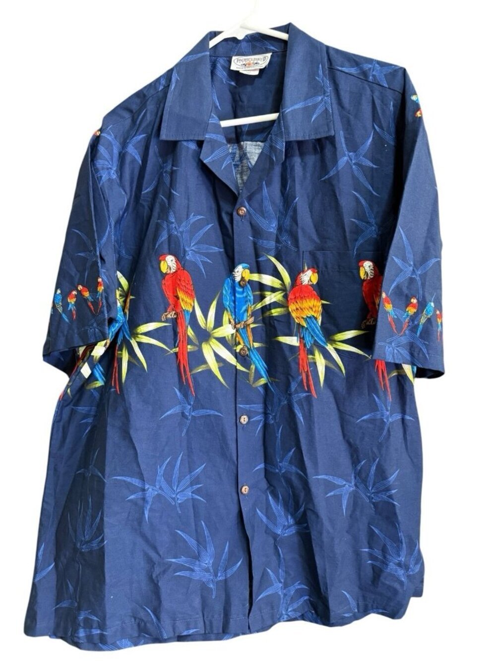 Vintage Pacific Legend Hawaiian Tiki Mens Navy Blue Parrot Macaw Bird Shirt  XL